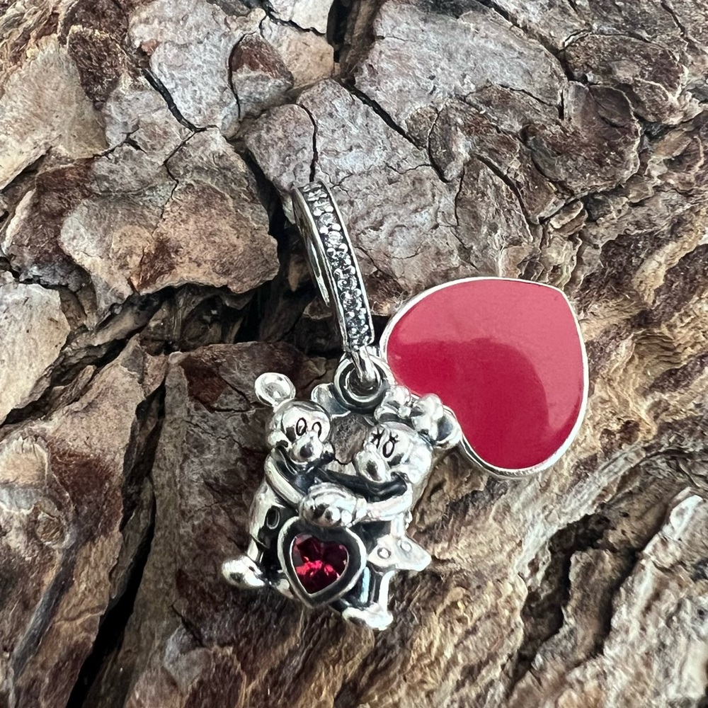 Authentic Pandora Charm Disney Minnie & Mickey With Love Dangle Cz Red Enamel